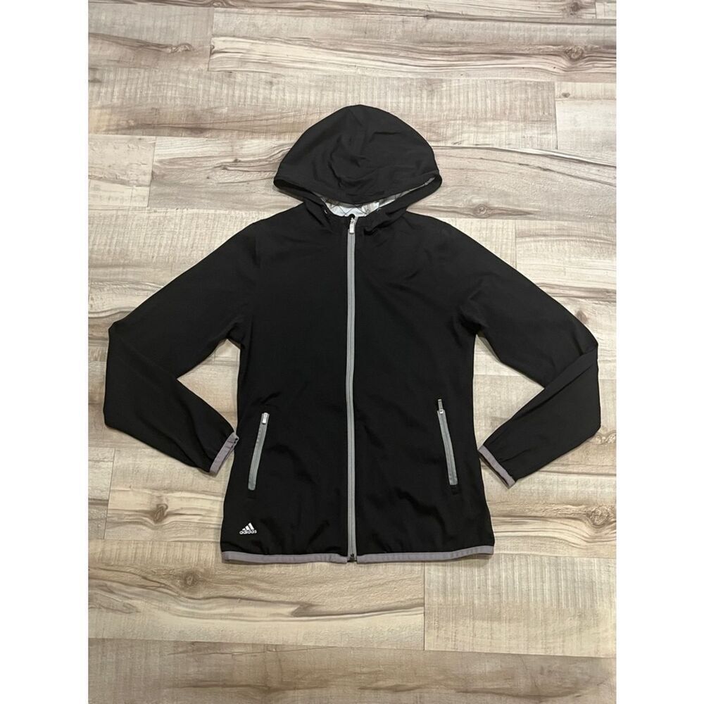 adidas Black Hooded Zip Windbreaker Jacket with Gray Accents size small